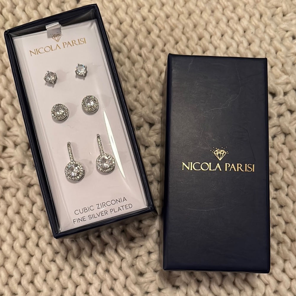 Nicola Parisi Fine Silver Plated Cubic Zirconia Earrings Trio Boxed Set NWT
